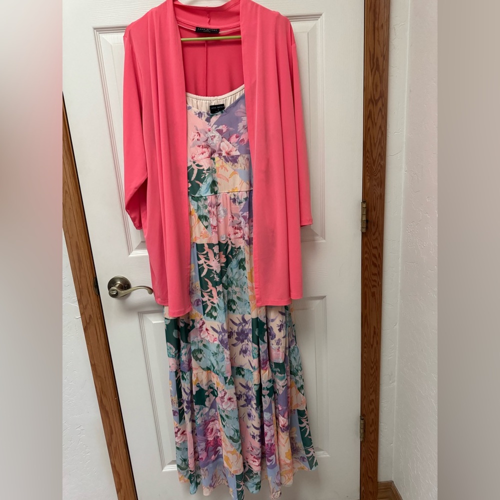 Lane Bryant Coral Cardigan with Pastel Floral Dress